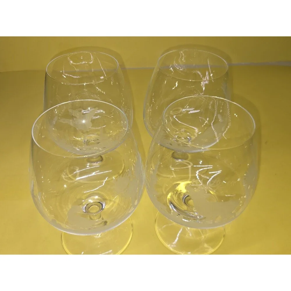 Set Of 4 Brandy Snifters Etched Animals Birds Cognac Glasses Wildlife Glasses 6